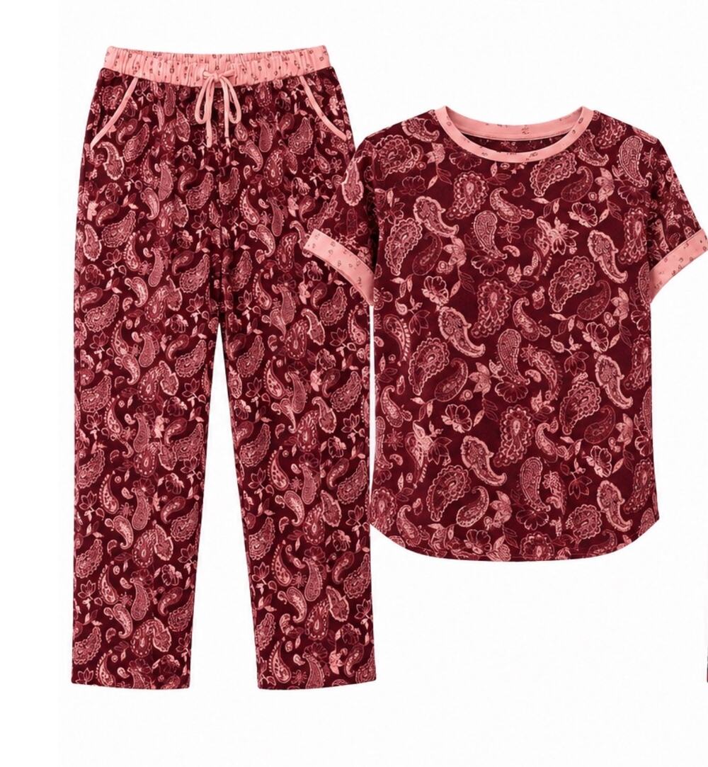 Lucky Brand Paisley Lounge Pajama Set Medium Burgundy Pink Boho Comfort Soft